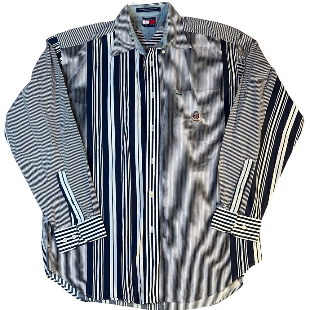 Vintage 90s Tommy Hilfiger Mens Blue & White Striped Button-Down Shirt M